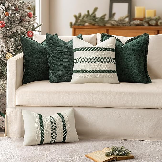 MIULEE Pack of 2 Christmas Green Couch Throw Pillow Covers 20x20 Inch Modern Boho Accent Decorative Pillow Covers Soft Chenille Farmhouse Cushion Covers for Home Decor Bed Sofa Living Room