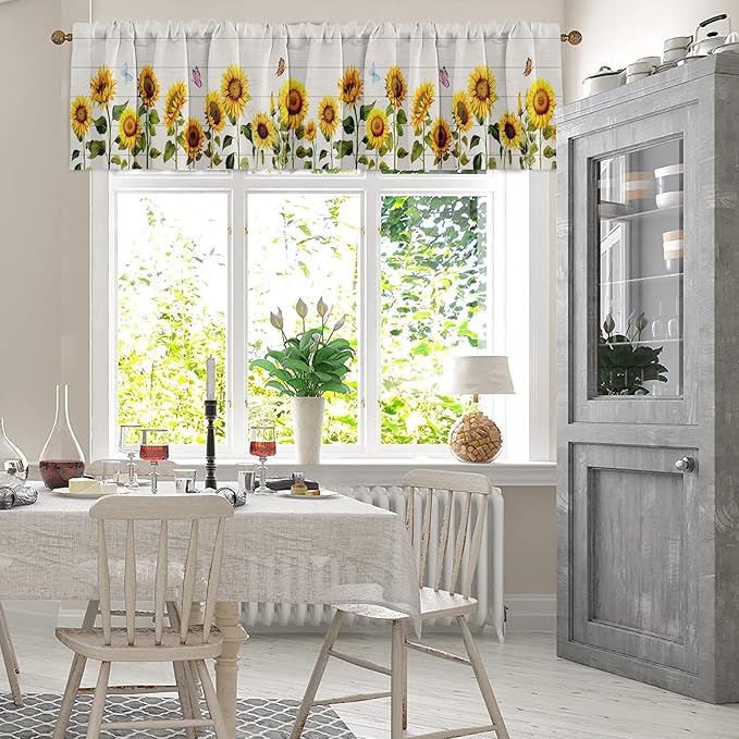 Emvency 4 Pack Valances Window Treatments, Farmhouse Sunflower Spring Summer Butterfly Blackout Adjustable for Living Room Bathroom Bedroom Kitchen Over Sink, 52x18 Inch Rod Pocket Valances