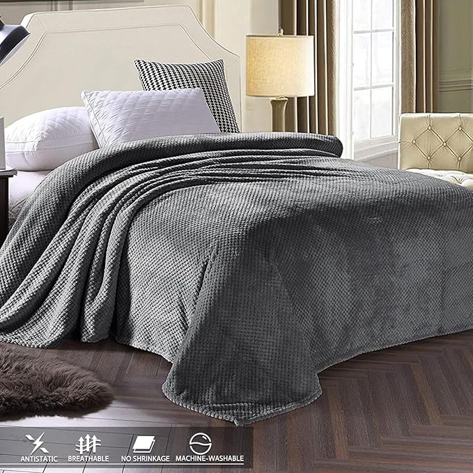 Exclusivo Mezcla Fleece Bed Blanket Twin Size, Super Soft and Warm Blankets for Couch, Sofa and Bed Waffle Textured, Cozy, Fuzzy and Lightweight (Dark Grey, 60x80 inches)