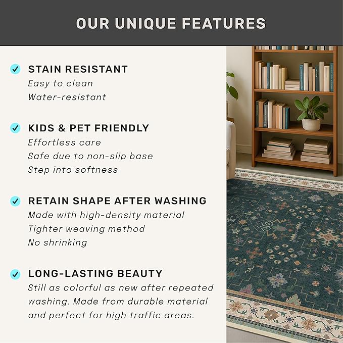 Hazo Haus Dark Green Oushak 5x8 Living Room Rug - Modern Vintage Boho Eclectic Floral Pastel, Washable Low Pile Non-Slip Large Area Rugs for Nursery Dining Under Table Bedroom Lounge