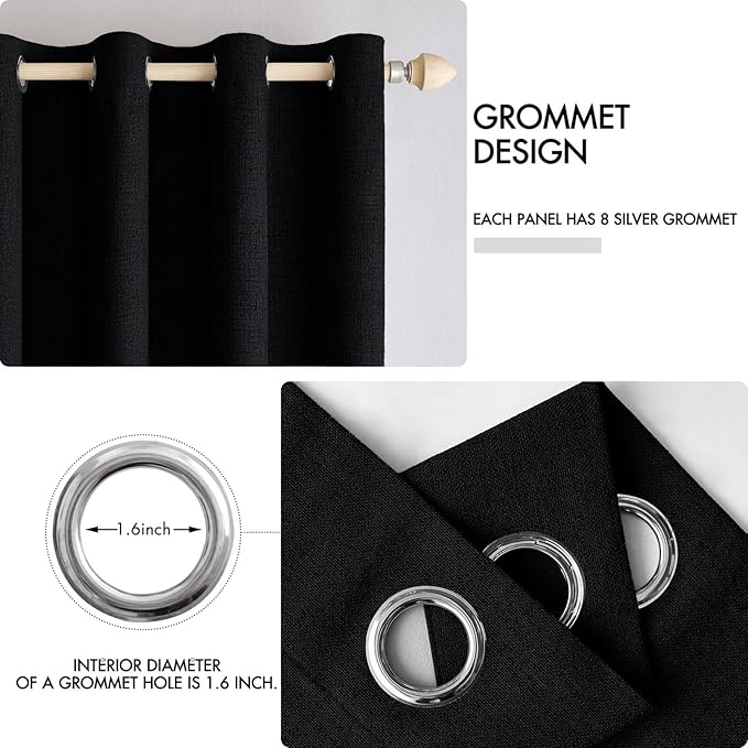 MIULEE Linen Texture 90 Inches Curtains for Bedroom 100% Blackout Thermal Insulated Halloween Black Curtains Grommet Room Darkening Drapes for Living Room Nursery 52x90 Inch (2 Panels)