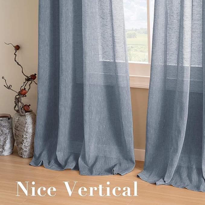 H.VERSAILTEX Linen Curtains Natural Linen Blended Curtain Panels for Living Room/Light Reducing Linen Semi Sheer Curtains 2 Panels Set Nickel Grommet Window Panels (52x84 Inch, Denim)