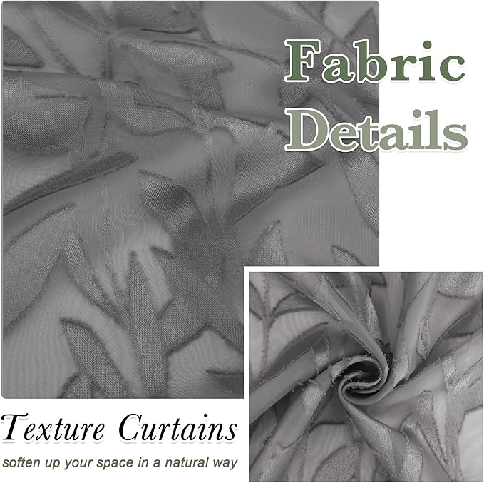 Lecloud Leia Charcoal Grey Sheer Kitchen Curtains 30 Inch Length 2 Pcs, Leaf Textured Voile Classic Jacquard Tiers, Dual Rod Pocket Window Treatments for Bedroom Living Room, Each Panel 28" W x 30" L