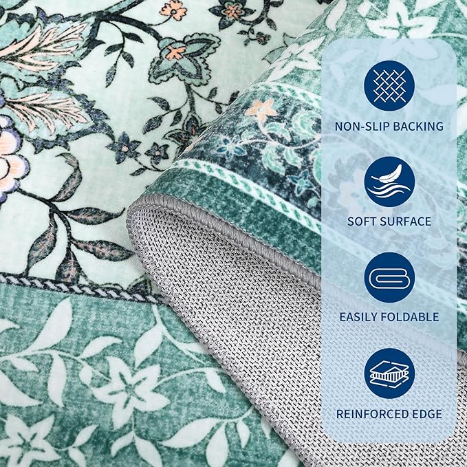 GarveeHome Teal Washable 6x9 Area Rugs, Botanical Grove Vintage Cottagecore Non-Slip Rug for Living Room Bedroom Nursery Kitchen Low-Pile Retro Large Carpet