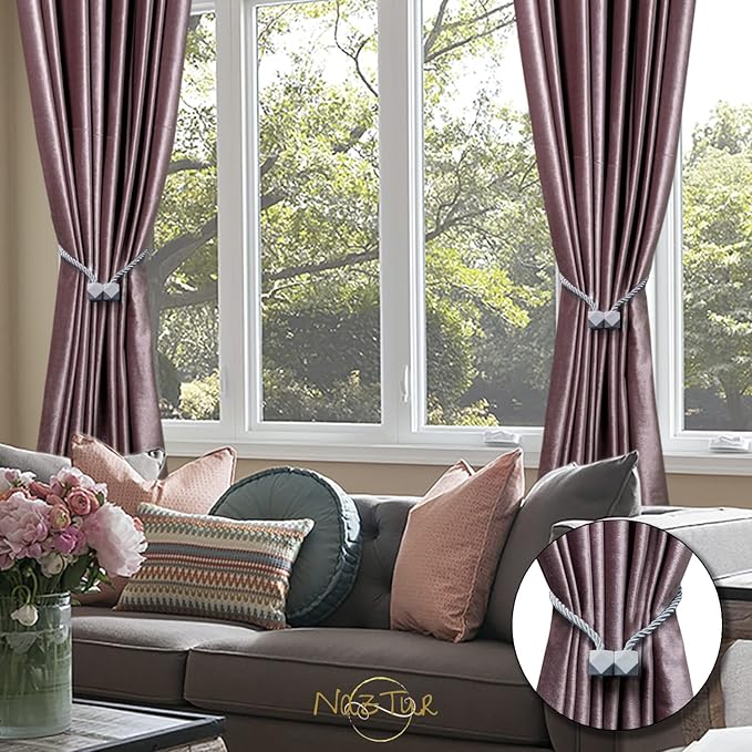 NazTur Magnetic Curtain Tiebacks- Upgrade 2022 with a Thicker Twist Rope & Strong Magnet Tieback Window Treatment Holdbacks Draperies Holders Decorative Drape Handmade Tie Back (Grey, 2)