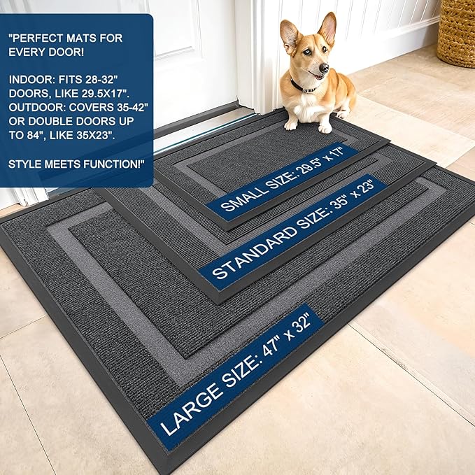 OLANLY Front Door Mat Indoor Outdoor Entrance, Waterproof All-Season, All-Weather Doormat, Sturdy Natural Rubber, Fade Resistant, Low Profile, Easy Clean Patio Porch Entryway Mat, 59x30, Grey