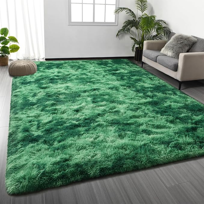 Deerhoo Large Shag Area Rugs 5 x 8, Plush Fuzzy Rugs for Living Room, Ultra Soft Fluffy Furry Rug for Bedroom, Indoor Carpet Nursery Rugs for Kids Room Home Decor, Tie-Dyed Emerald Green