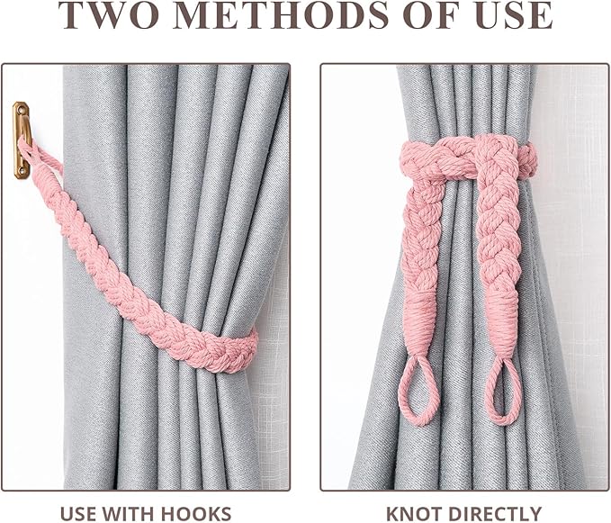 NICEEC 2 Pack Natural Cotton Rope Curtain Tiebacks Elegant Boho Style Decorative Drape Tie Backs Soft Hand-Woven Rope Curtain Holdbacks with Metal Hook for Home & Office Drapery (Pink)
