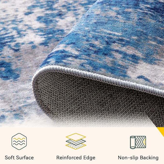 Washable Area Rugs 10'x14' Non-Slip Modern Abstract Soft for Living Room Entryway Bedroom Nursery, Print Pattern, Blue Grey Navy Gray