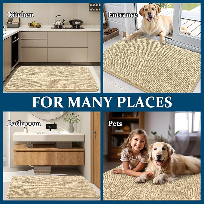 OLANLY Dog Door Mat for Muddy Paws 59x32, Absorbs Moisture and Dirt, Absorbent Non-Slip Washable Doormat, Quick Dry Chenille Mud Mat for Dogs, Entry Indoor Entryway Carpet for Inside Floor, Sand