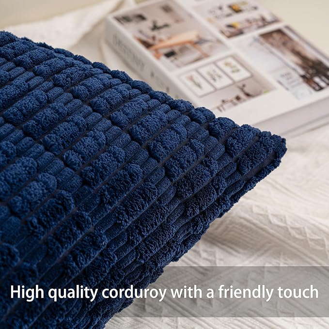 Pack of 2 Corduroy Decorative Throw Pillow Covers 18x18 InchSoft Boho Striped Pillow Covers Modern Farmhouse Home Decor for Sofa Living Room Couch Bed（Blue）