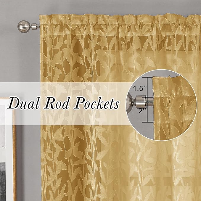 Lecloud Leia Dark Gold Sheer Curtains 90 Inches Long 2 Panels, Textured French Door Dual Rod Pockets Curtains, Farmhouse Leaf Living Room Bedroom Drapes Window Treatments, 40 W x 90 L