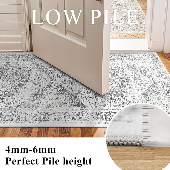 Hallway 2'6''x16' Runner Rug - Non-Slip Vintage Long Rug for Entryway Low-Pile Washable Medallion Runner Rugs for Hallway Waterproof Traditional Runner Rug Indoor Thin Rug for Kitchen (Grey)