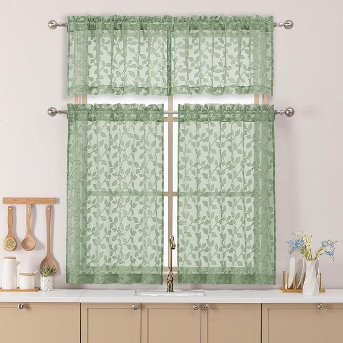 Chyhomenyc Sage Green Sheer Valances for Windows 14 Inch Length 2 Pcs, Light Filtering Leaf Textured Cafe Short Kitchen Curtains, Top Small Curtain for Living Room Bedroom Basement, 42" W x 14" L