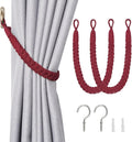 NICEEC 2 Pack Natural Cotton Rope Curtain Tiebacks Elegant Boho Style Decorative Drape Tie Backs Soft Hand-Woven Rope Curtain Holdbacks with Metal Hook for Home & Office Drapery (Wine Red)