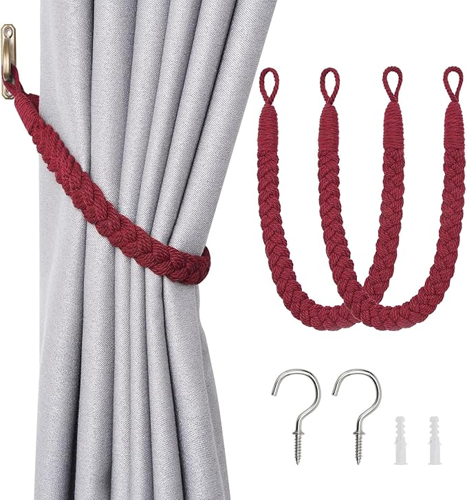 NICEEC 2 Pack Natural Cotton Rope Curtain Tiebacks Elegant Boho Style Decorative Drape Tie Backs Soft Hand-Woven Rope Curtain Holdbacks with Metal Hook for Home & Office Drapery (Wine Red)