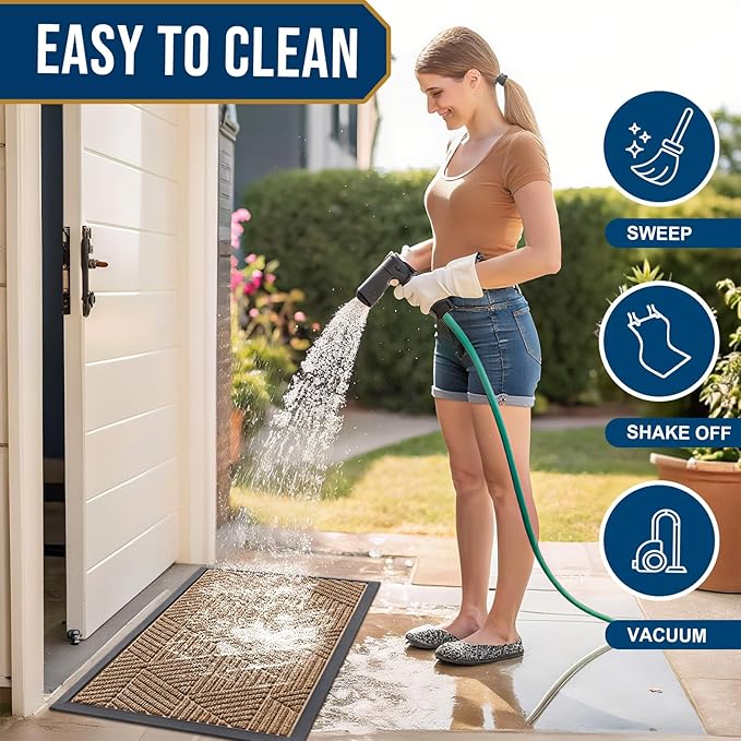 Smiry Front Door Mat Outside Entrance, Heavy Duty Sturdy Natural Rubber Doormat, Trap Dirt and Moisture, Easy Clean Low Profile Mats for Indoor Outdoor Entry, Irregular Triangle (29.5x17, Light Brown)