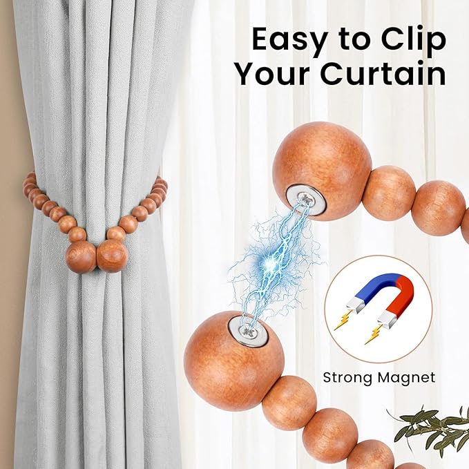 KLOGTSIND Magnetic Curtain Tiebacks, Curtain Tie Backs for Curtains 2 Pack, Wood Bead Curtain Tiebacks, Curtain Holders for Boho Bedroom Decor, Baby Nursery Decor, Farmhouse Decor