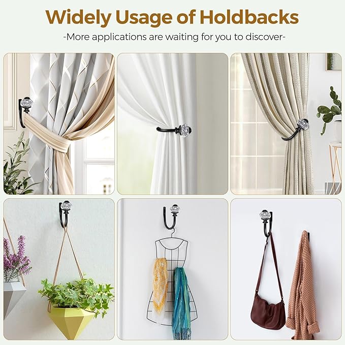 2 Pack Curtain Holdbacks, USFOOK Black Decorative Window Drapery Tiebacks (2 Pack/1 Pair), Curtain Tie Back Hooks for Wall with Translucent Finials (3.95" L x 3.4" W)