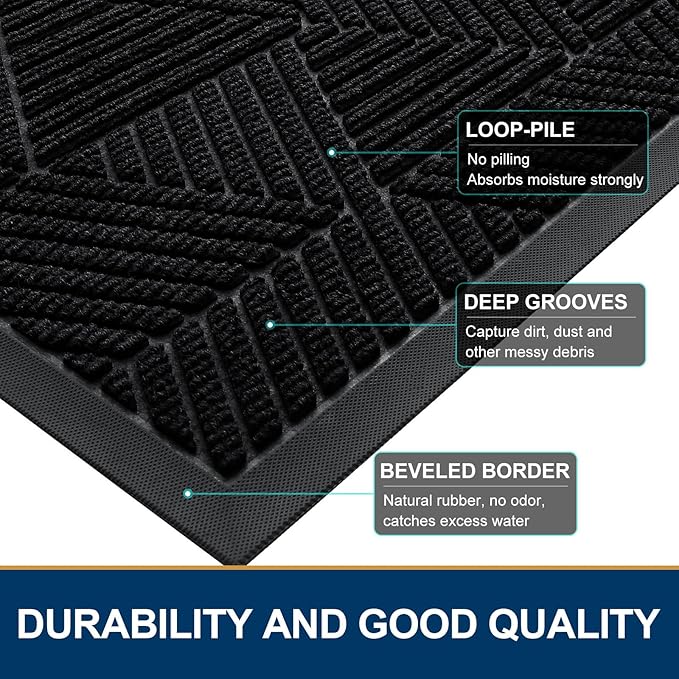 Smiry Front Door Mat Outside Entrance, Heavy Duty Sturdy Natural Rubber Doormat, Trap Dirt and Moisture, Easy Clean Low Profile Mats for Indoor Outdoor Entry, Irregular Triangle (71x34, Black)
