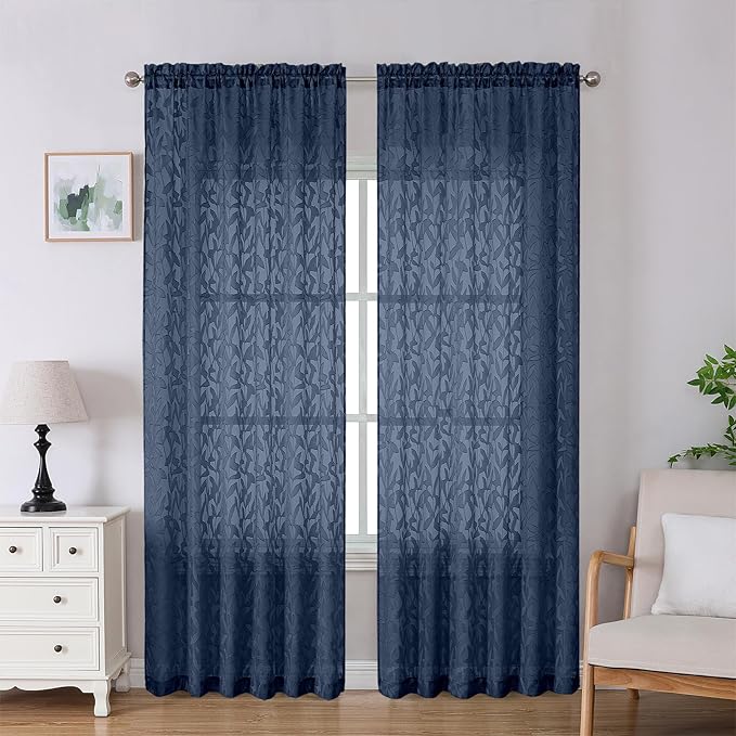Lecloud Leia Navy Blue Sheer Curtains 90 Inches Long 2 Panels, Airy Leaf Textured Jacquard Drapes, Light Filtering & Privacy Dual Rod Pocket Window Curtains for Living Room Bedroom, 52" W x 90" L