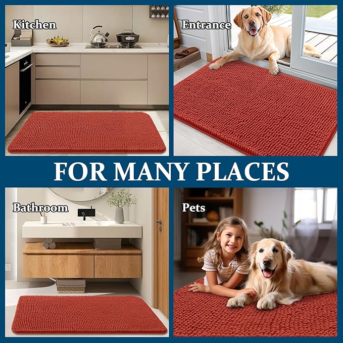 OLANLY Dog Door Mat for Muddy Paws 59x35, Absorbs Moisture and Dirt, Absorbent Non-Slip Washable Doormat, Quick Dry Chenille Mud Mat for Dogs, Entry Indoor Entryway Carpet for Inside Floor, Maple Red