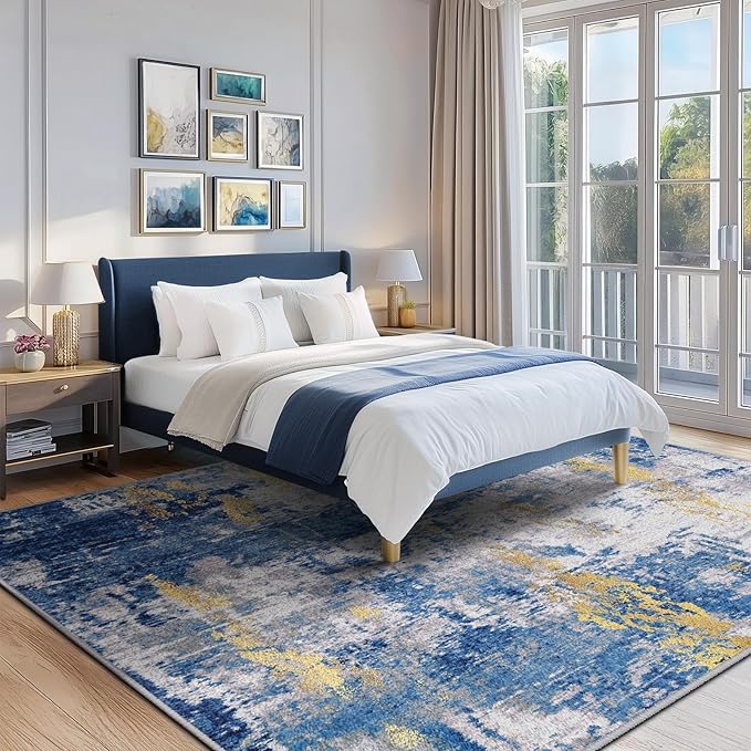 Washable Area Rugs7'x9' Non-Slip Modern Abstract Soft for Living Room Entryway Bedroom Nursery, Print Pattern, Grey Blue Gold/Golden
