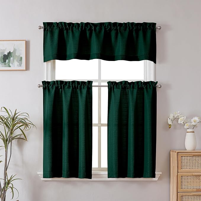 Chyhomenyc Hunter Green Short Curtain Valance for Windows, Faux Linen Textured Half Window Curtains, Burlap Solid Topper Small Curtain Valance for Bathroom Laundry Basement, 60Wx18L Inch, 1 Piece