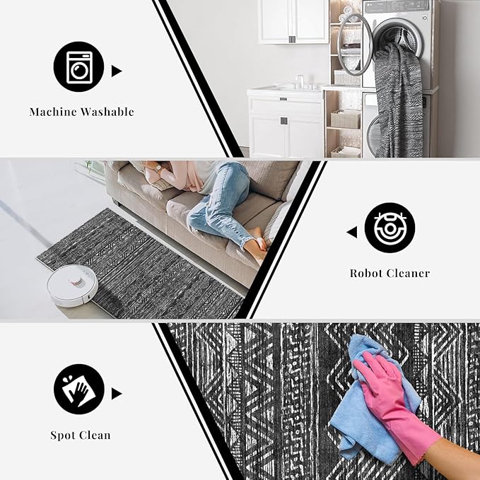2x3 Washable Entryway Area Rug: Moroccan Small Runner Rug for Hallway Soft Modern Non Slip Door Mat with Rubber Backing Low Pile Thin Floor Carpet for Kitchen Bathroom Bedroom Indoor(Black,2x3)