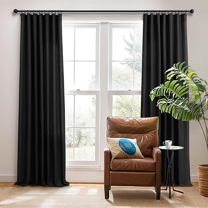 Modern Black Linen Curtains 96 Inches Long for Bedroom 2 Panels Set Back Tab Pocket Boho Drape Semi Sheer Lace Cotton Trendy Elegant Curtain for Living Room Bay Window Mid Century Halloween Decor 8 FT