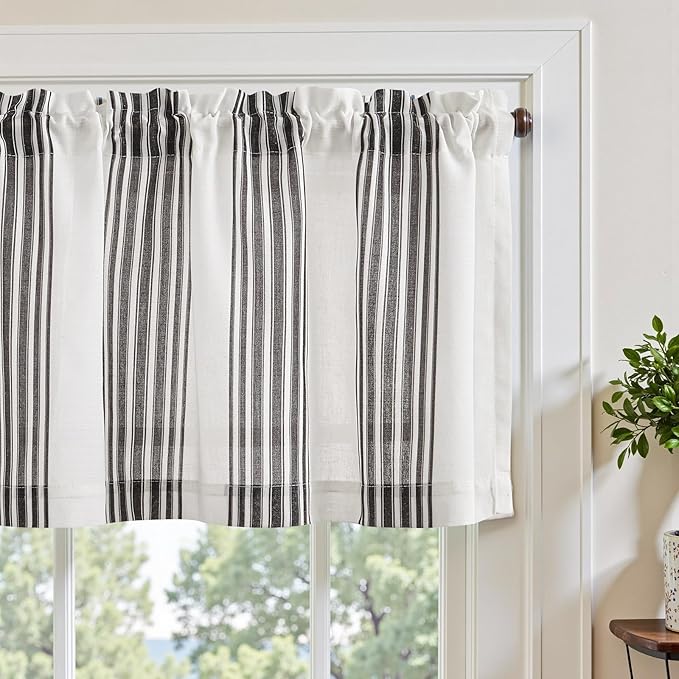 jinchan Striped Linen Valance Curtain 16 Inch Vertical Striped Valance for Kitchen Bathroom Light Filtering Rod Pocket Cottagecore Farmhouse Semi Sheer Short Window Curtain 1 Panel Black