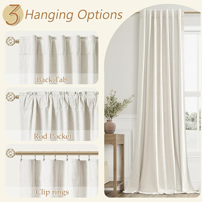 Guken Cream 100% Blackout Linen Curtains 80 Inch Length 2 Panels Set for Living Room Bedroom Back Tab Thermal Insulated Black Out Drapes Room Darkening Farmhouse Style Window Curtains 52x80