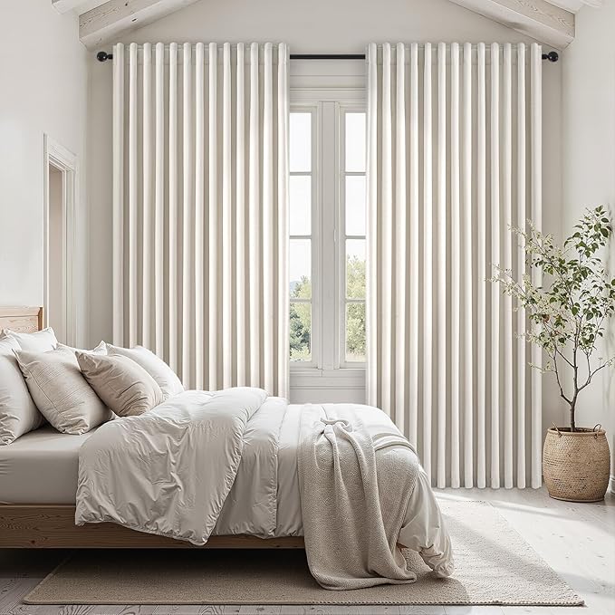 Extra Wide 100 Inch Length Blackout Curtains & Drapes 90 Inches Long 2 Panels Set for Sliding Glass Doors Modern Pleated Linen Blend Heavy Floor to Ceiling Large Window Drapes(100"Wx90"Lx 2 Birch)