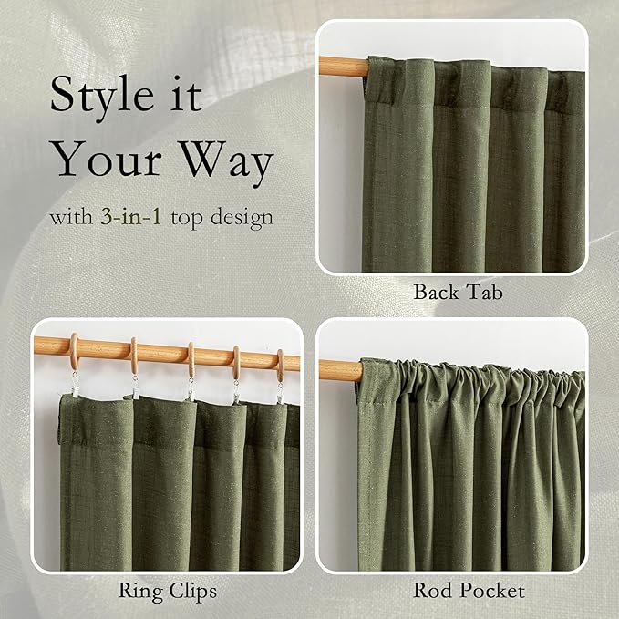 MYSKY HOME 95 Inch Semi Sheer Sliding Door Curtains Farmhouse Light Filtering Window Curtain Drapes for Patio Living Room, Linen Look Texture Fabric Bohemian Draperies, 50x95, Olive Green, 2 Panels