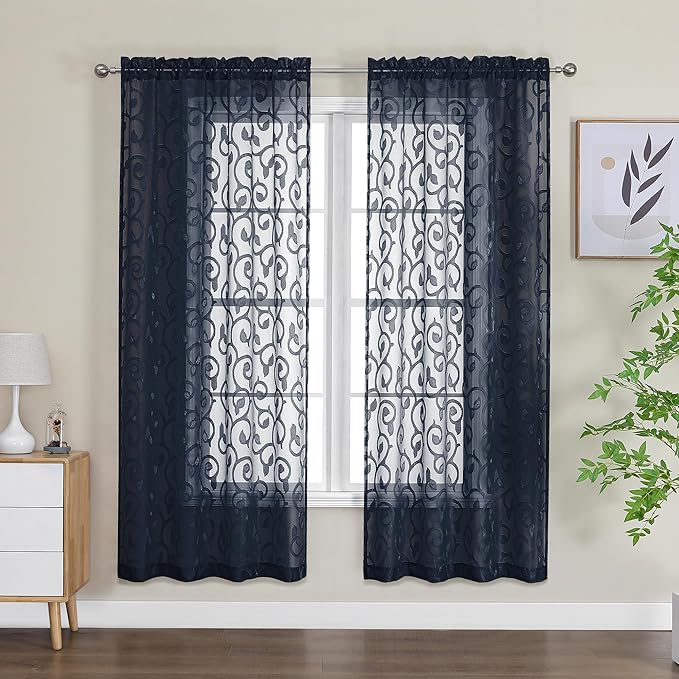 OWENIE Furman Sheer Curtains 63 inch Length for Bedroom Living Room 2 Panels Set, Light Filtering Solid Curtains & Drapes with Geometric Jacquard Clip, Soft Airy Rod Pocket Voile Curtain, 40Wx63L inch
