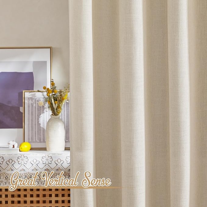 NICETOWN Linen Cream Curtains 108 inches Long, Rod Pocket & Back Tab Flax Linen Burlap Semi Sheer with Light Filtering Privacy Window Drapes for Living Room/Bedroom, W52 x L108, 2 Panels