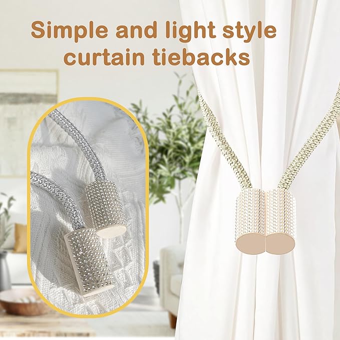 SRG Handmade Magnetic Curtain Tiebacks 2 Pack Sparkling Glass Wrapped Wooden Holdbacks with Strong Magnets, No Drilling Drapery Accessories for Home Decor – Champagne