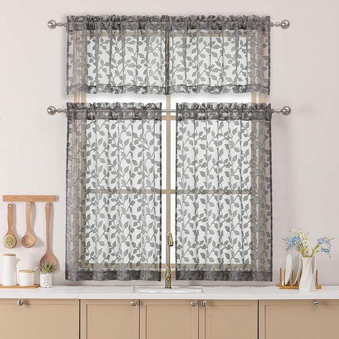 Chyhomenyc Charcoal Grey Sheer Valances for Windows 14 Inch Length 2 Pcs, Light Filtering Leaf Textured Cafe Short Kitchen Curtains, Top Small Curtain for Living Room Bedroom Basement, 42" W x 14" L