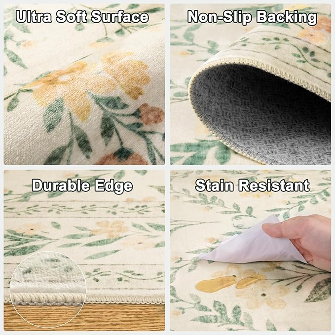 8x10 Area Rugs for Living Room: Floral Washable Rug Vintage Large Soft Boho Non-Slip Carpet Indoor Floor Stain Resistant Carpets for Bedroom Dining Room Farmhouse Nursery Home Office Beige/Multi