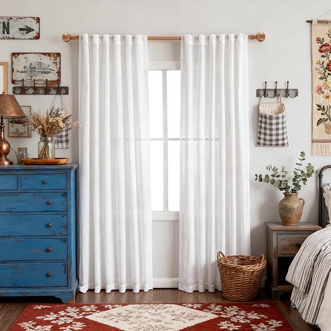 MYSKY HOME White Curtains for Beroom Liivng Room 84 Inch Length 2 Panels Set, Semi Sheer Cotton Blend Soft Touch Light Filtering Drapes for Doorways Sliding Glass Door, 50" Wide, White, 2 PCs