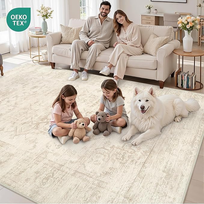 5x7 Area Rugs for Living Room: Vintage Boho Neutral Washable Rug Indoor Soft Large Area Rug Carpet for Bedroom Nursery Farmhouse Dining Room Office Floor Non-Slip Low Pile Under Table Rug Beige/Brown