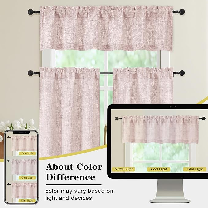Blush Pink Valances for Windows, Light Filtering Faux Linen Textured Small Short Window Curtain for Bathroom Basement Farmhouse, Rod Pocket Half Curtains for Windows, 60Wx22L Inch