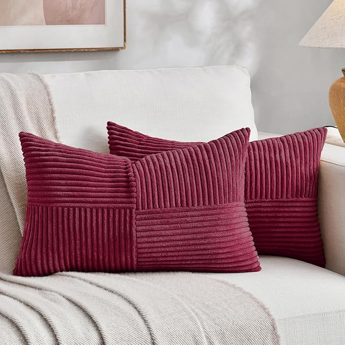 Fancy Homi 2 Packs Burgundy Lumbar Decorative Throw Pillow Covers 14x22 Inch for Living Room Couch Bed, Farmhouse Boho Home Decor, Soft Striped Corduroy Rectangle Accent Cushion Case 35x55 cm