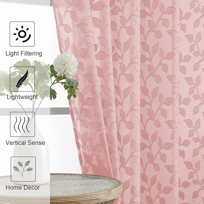 Chyhomenyc Blush Pink Sheer Curtains 63 Inch Length 2 Panels Set, Light Filtering Tufted Textured Soft Airy Rod Pocket Beautiful Leaf Window Treatment Drapes for Bedroom Living Room, 42" Wx63 L, 2PCS