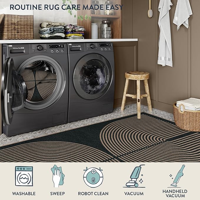 Lahome Enfys Modern Rainbow Easy Jute Outdoor Patio Rug, 3x5 Black Washable Rugs for Entryway Office Farmhouse Classroom Carpet, Contemporary Non Slip Front Door Mat for Porch Guestroom Room Decor