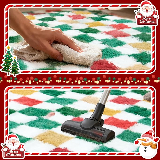 Checkered Area Rug 4x6 for Bedroom Living Room, Christmas Shag Rug Fuzzy Shaggy Bedside Carpet, Indoor Plush Floor Rugs for Kids Boys Girls Room Holiday Home Decor