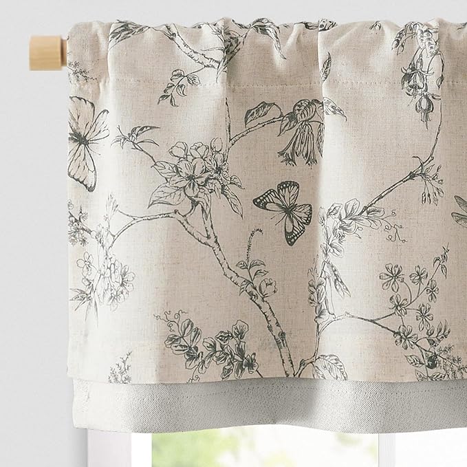 jinchan Floral Curtain Valance for Windows 16 Inch Linen Valance for Kitchen Living Room Rustic Cottage Farmhouse Flower Butterfly Curtain Rod Pocket 1 Panel Double Layer Blackout Grey on Beige