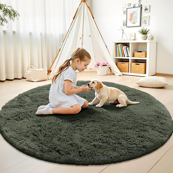 OLANLY Olive Green Round Rugs for Bedroom - Machine Washable, 8 ft Circle Area Rugs for Living Room, Soft and Fluffy Shaggy Carpet for Teen Girl and Boys, Nursery Rooms, Dorms, Home Decor Aesthetic