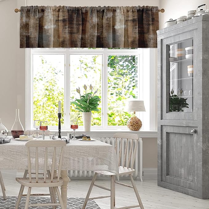 Emvency 4 Pack Valances Window Treatments, Abstract Dark Brown Art Painting Blackout Adjustable for Living Room Bathroom Bedroom Kitchen Over Sink, 52x18 Inch Rod Pocket Valances