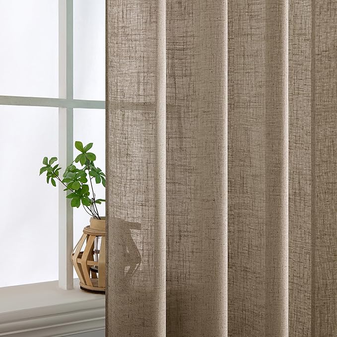 MIULEE Taupe Grey Linen Curtains 96 Inches Long 2 Panels for Bedroom Living Room, Soft Linen Textured Window Drapes Semi Sheer Light Filtering Back Tab Rod Pocket Farmhouse Modern Burlap Look Decor